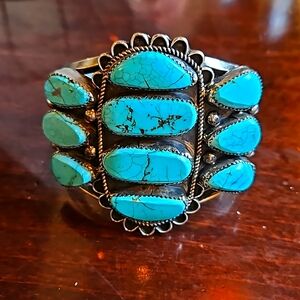 Native American Signed L. Zek Cuff Bracelet with 10 Turquoise Stones